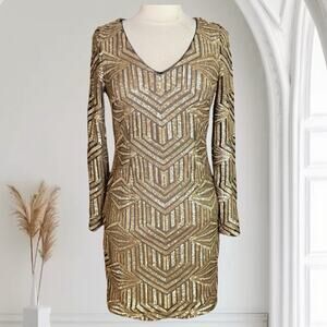 Aqua Brand Gold Metallic Embellished Cocktail Dress 38" Bust Sz 10 Long Sleeves
